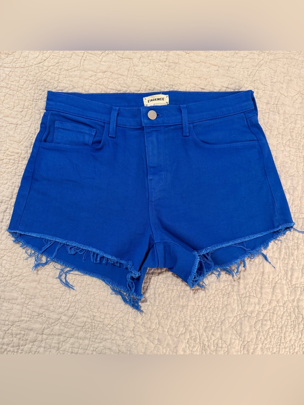 L'AGENCE Royal Blue Frayed Hem Denim Shorts